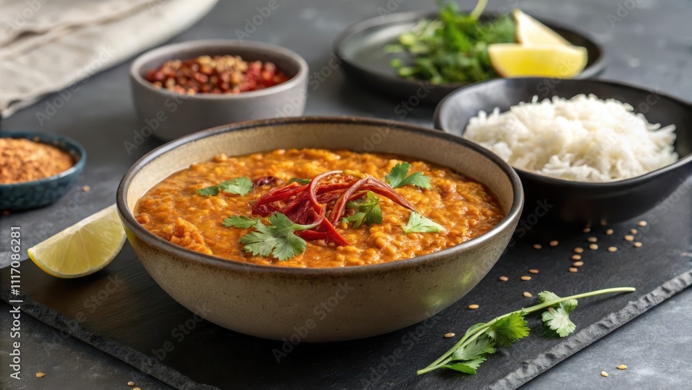 Bold Presentation of Masoor Dal Served with Rice and Garnishes Bold Presentation of Masoor Dal Served with Rice and Garnishes