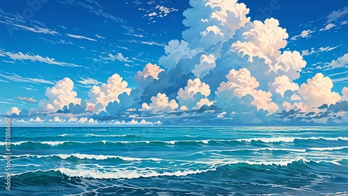 Cartoon anime style sea or ocean with clouds background 
