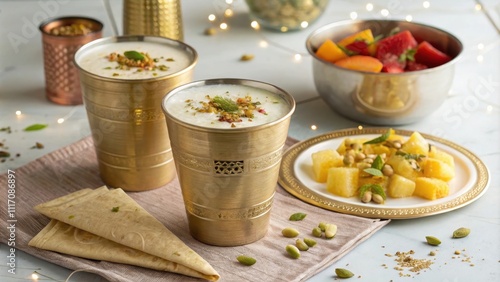 Family-style setup of traditional sweet lassi with snacks