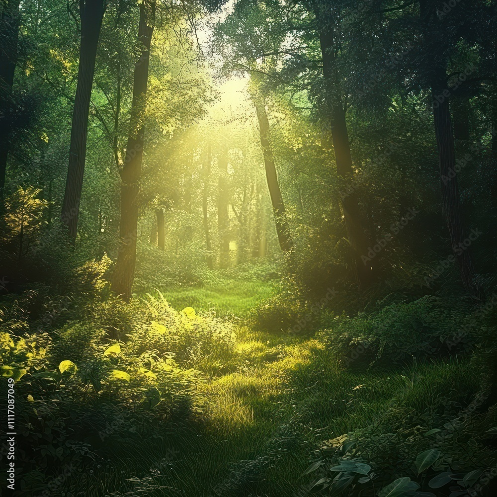 Obraz premium Sunlit Clearing in a Lush Green Forest.