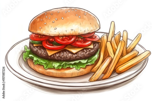 A delicious hamburger with toppings served alongside crispy French fries on a plate.