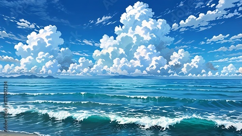 Cartoon anime style sea or ocean with clouds background 
