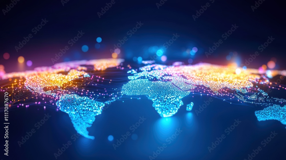 Illuminated world map with vibrant digital connections Illuminated world map with vibrant digital connections