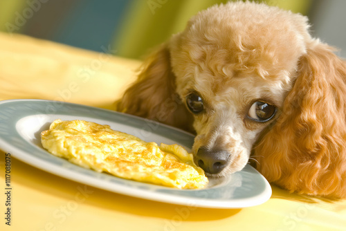 Adorable Toy Poodle puppy intently eyeing a plate of delicious-looking scrambled eggs, exhibiting a yearning expression.