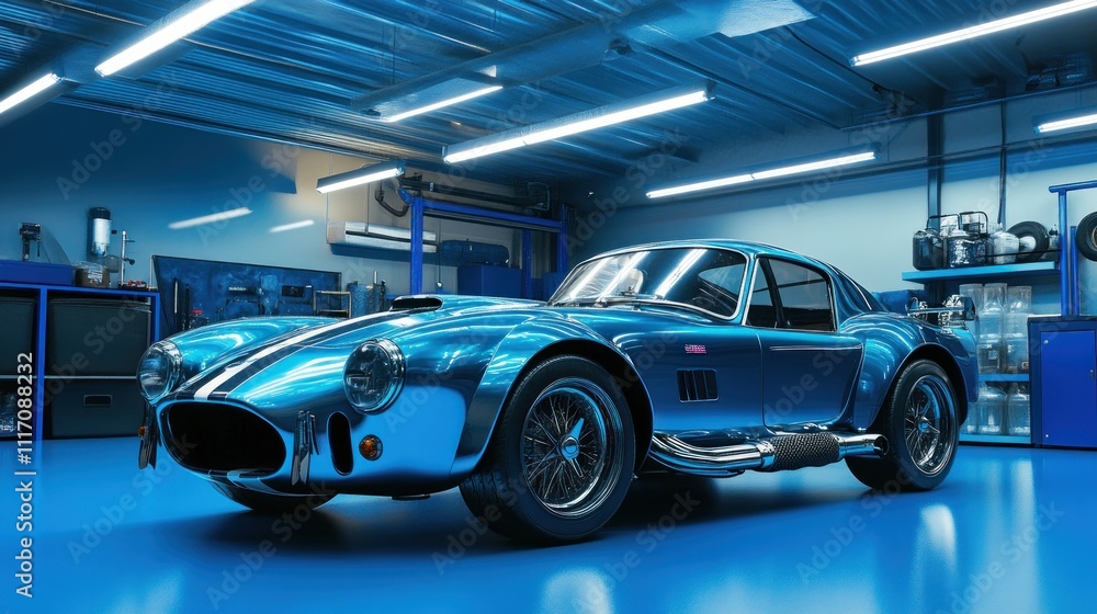 Classic Blue Sports Car in a Garage Classic Blue Sports Car in a Garage