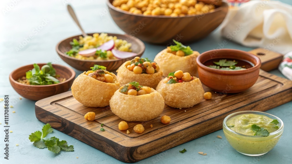 Vibrant Serving of Classic Pani Puri with Sauces and Garnishes Vibrant Serving of Classic Pani Puri with Sauces and Garnishes