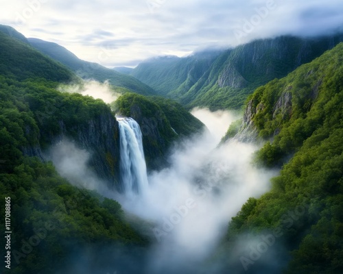 Majestic Waterfall in Misty Mountain Valley.