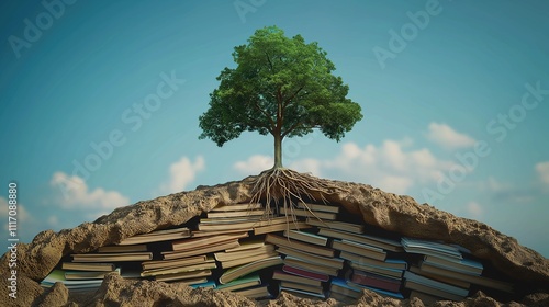 Surreal image of a tree growing from a pile of books, with roots extending deep into the soil. Education, environmental protection, innovation, sustainable development, wisdom, Environment Day
