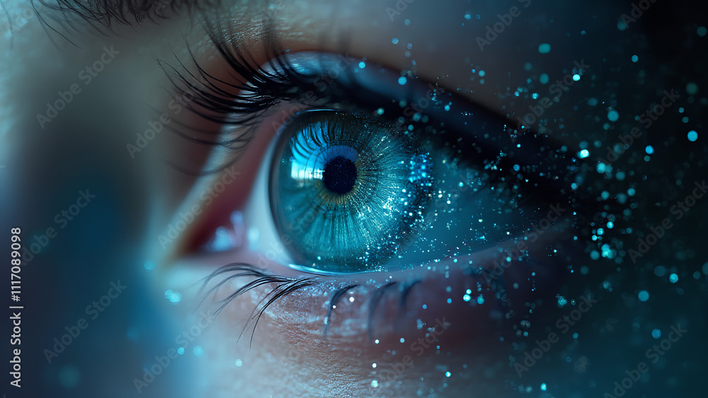 Fototapeta premium Human Eye with Digital Circuitry Overlay Symbolizing the Convergence of Technology and Biology Artificial Intelligence Cybersecurity and the Future of Enhanced Vision in Biometric and Surveillance