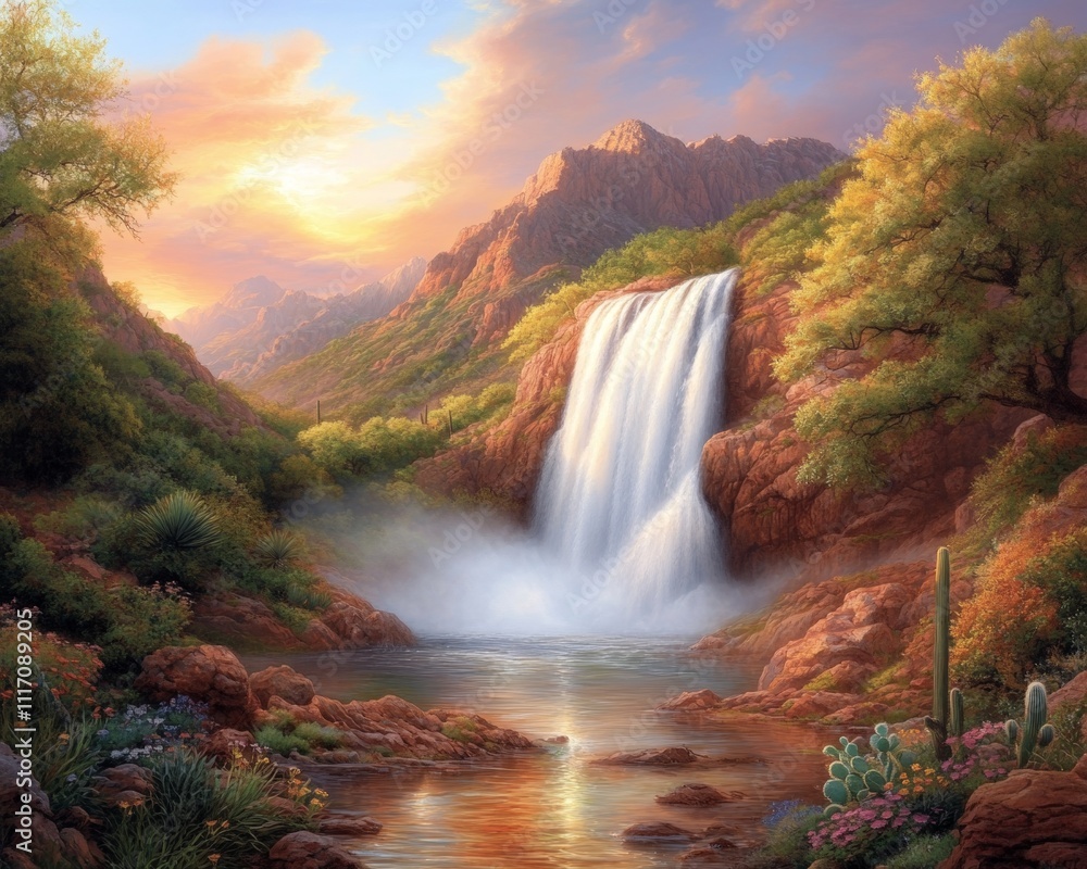 Serene Sunset Waterfall in Arizona Canyon. Serene Sunset Waterfall in Arizona Canyon.