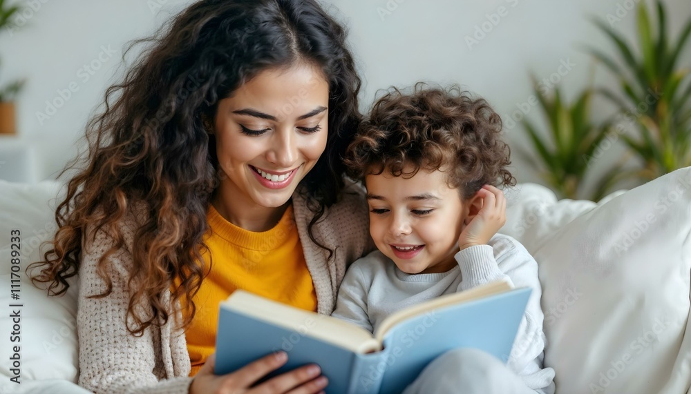 A latina mother and son reading a book snuggled on the couch at storytime bedtime learning playing stay at home mom healthy relationship and love A latina mother and son reading a book snuggled on the couch at storytime bedtime learning playing stay at home mom healthy relationship and love