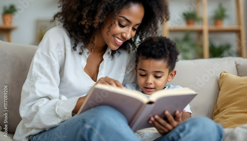 An african american mother and son reading a book snuggled on the couch at storytime bedtime learning playing stay at home mom healthy relationship and love