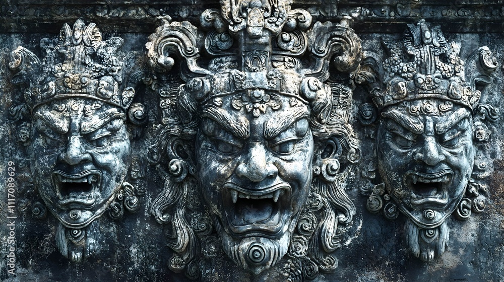 Three intricately carved stone demonic masks adorn an ancient wall, showcasing weathered details and cultural significance. Three intricately carved stone demonic masks adorn an ancient wall, showcasing weathered details and cultural significance.