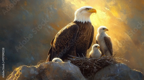 A majestic eagle stands guard over its nest of chicks, illuminated by a warm, golden light. photo