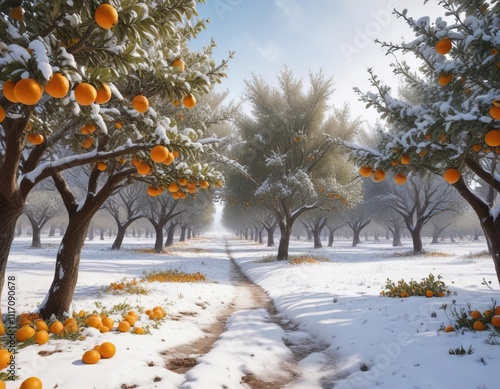 Snow-covered trees in a California orange grove, evergreen, scenery, citrus photo