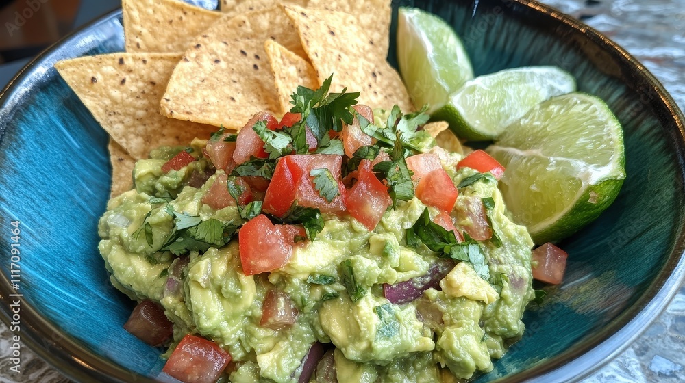 Bowl of fresh guacamole with tortilla chips and lime wedges Bowl of fresh guacamole with tortilla chips and lime wedges