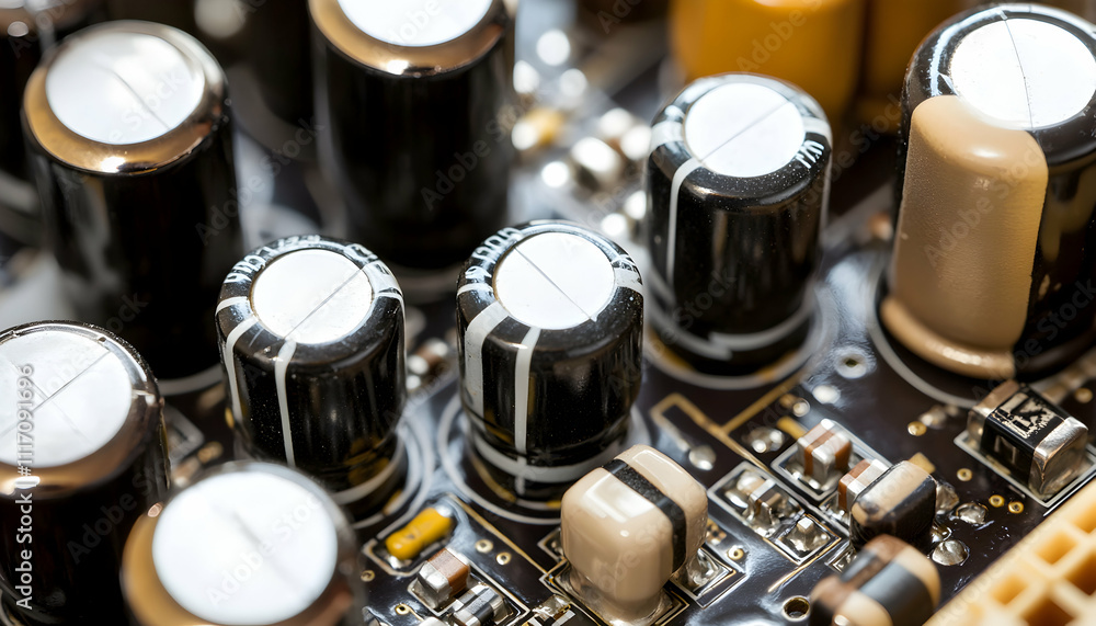 Close-up shot of electronic components on a circuit board, showcasing capacitors and other electronic parts. Ideal for technology, engineering, and electronics-related projects. Close-up shot of electronic components on a circuit board, showcasing capacitors and other electronic parts. Ideal for technology, engineering, and electronics-related projects.