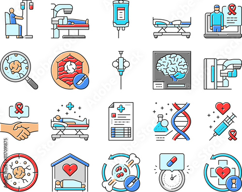 cancer treatment chemotherapy icons set vector. immunotherapy, radiotherapy surgery, oncology biopsy, remission metastasis, tumor cancer treatment chemotherapy color line illustrations