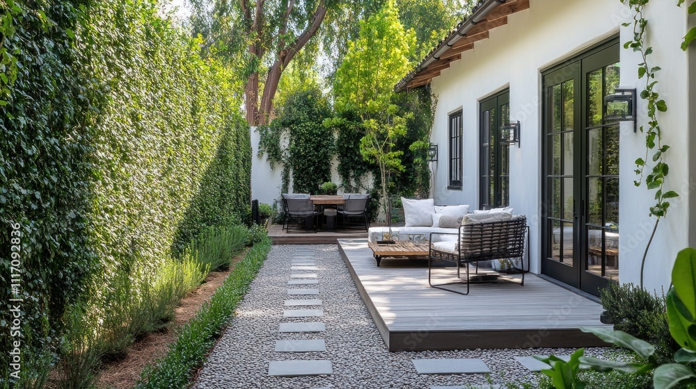 Modern minimalist patio design with a wooden deck, lush greenery, and a stone pathway. Modern minimalist patio design with a wooden deck, lush greenery, and a stone pathway.