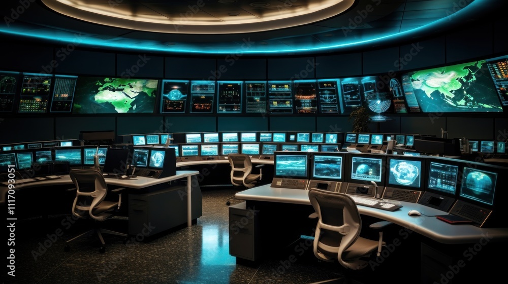 A Modern Control Room Filled with Screens Displaying Data and Information A Modern Control Room Filled with Screens Displaying Data and Information