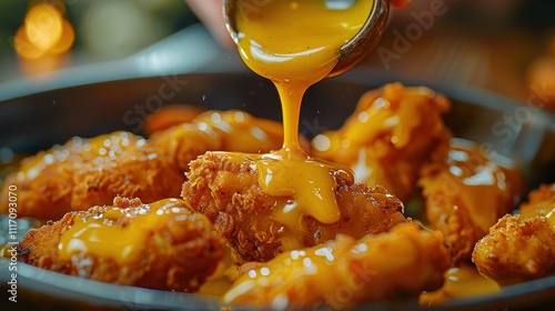 Golden sauce poured over crispy fried chicken wings in a pan. photo