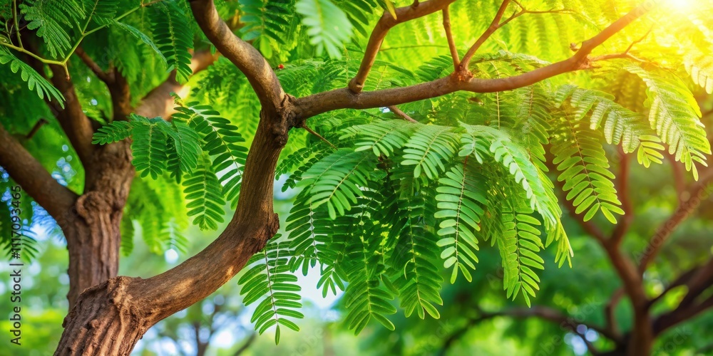 Fototapeta premium Beautiful tamarind tree with vivid green leaves, tamarind, tree, green, leaves, nature, tropical, fruit, plant, vibrant