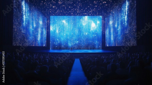 Under vibrant blue lights, an audience is mesmerized by a stellar performance. The atmosphere is electric, with shimmering visuals creating a mesmerizing backdrop for the stage