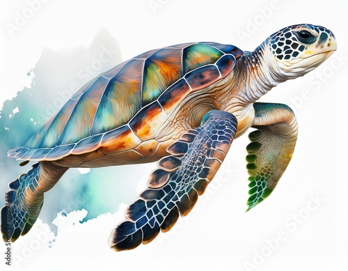 Watercolor illustration of a sea turtle with soft brushstrokes, isolated on transparent background, perfect for marine-themed designs or eco-friendly projects photo