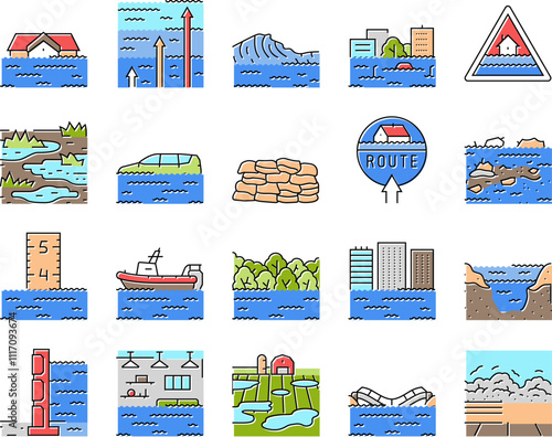 flood water disaster rain icons set vector. river storm, surge inundation, overflow deluge, emergency evacuation, rescue, damage flood water disaster rain color line illustrations