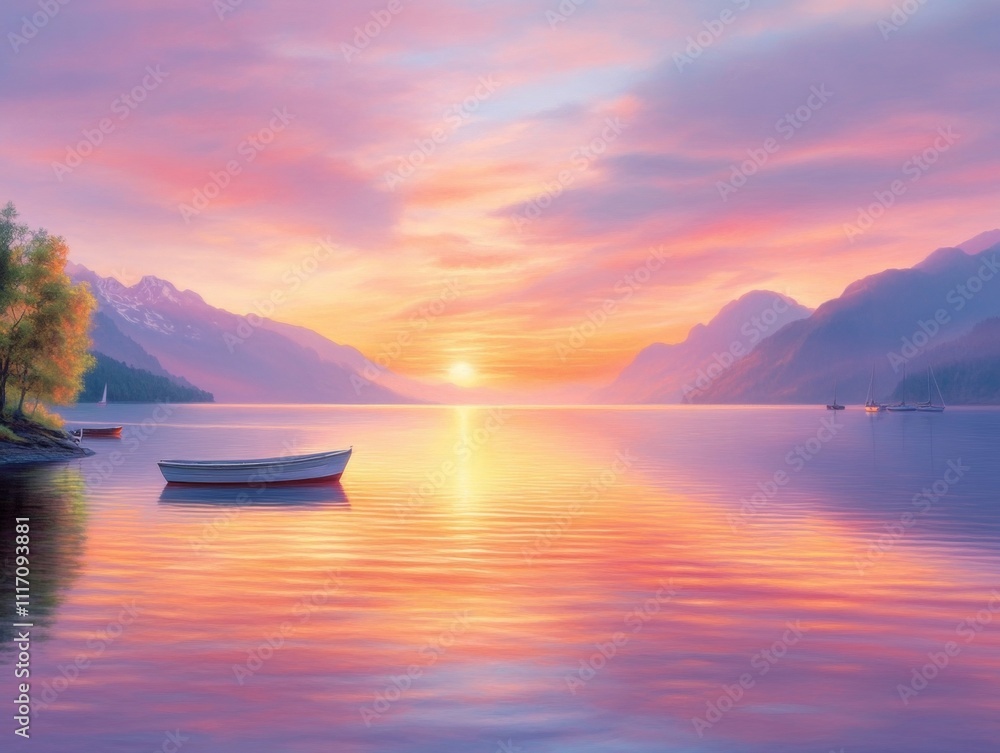 Fototapeta premium Serene Sunset over Calm Lake with Boats