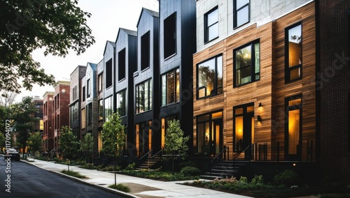 A picturesque row of townhouses lined along a street.