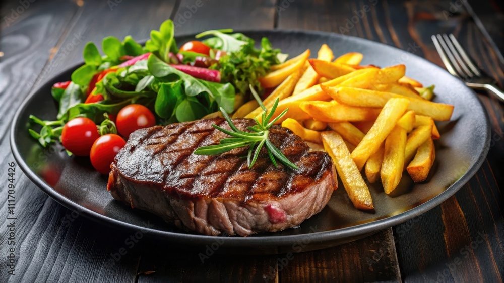 Close up of succulent steak served with crispy chips and fresh salad on a sleek black plate, steak, chips, salad, close up, succulent Close up of succulent steak served with crispy chips and fresh salad on a sleek black plate, steak, chips, salad, close up, succulent