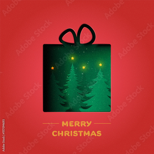 Holiday Christmas and winter season on red background. Gift Box decorated with Christmas Tree, Star and snowfall. Paper art vector illustration.