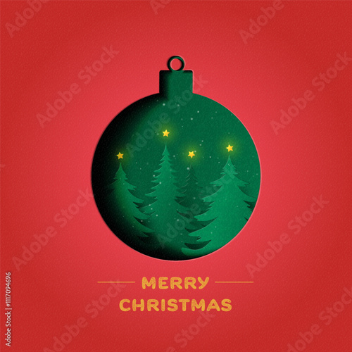 Holiday Christmas and winter season on red background. Christmas Ball decorated with fir branches and snowflake. Paper art vector illustration.