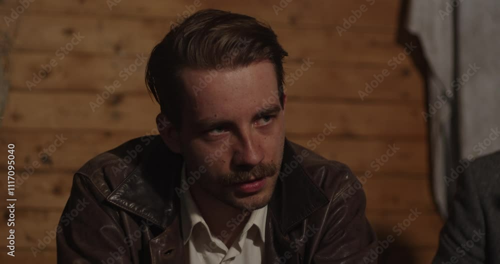 A man in his twenties angrily sits at a table and touches his face A man in his twenties angrily sits at a table and touches his face