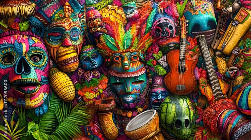 Fototapeta premium Vibrant collage of colorful tribal masks, musical instruments, and tropical foliage.
