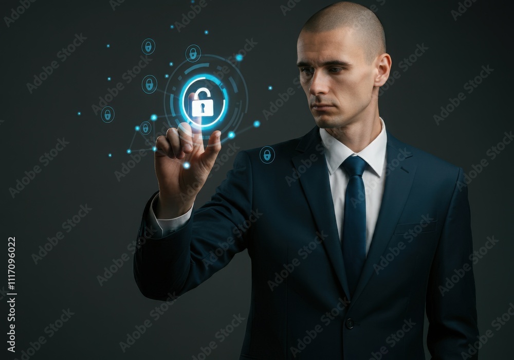 Businessman protecting personal data by Lock icon of cyber security Cybersecurity and privacy concepts to protect data and encryption, secure internet network security technology Businessman protecting personal data by Lock icon of cyber security Cybersecurity and privacy concepts to protect data and encryption, secure internet network security technology