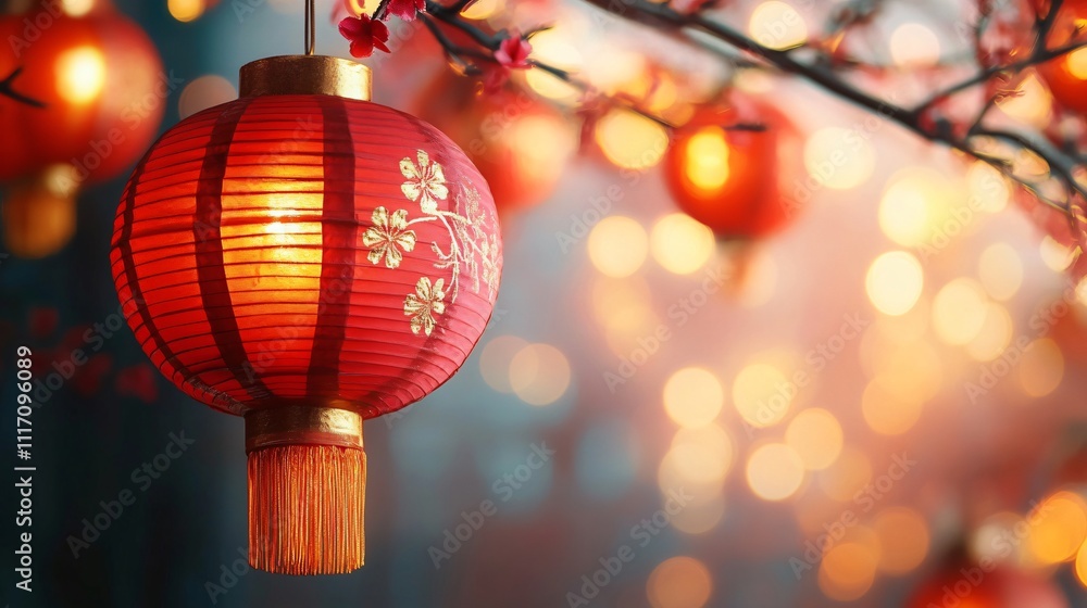 Festive red lanterns with gold floral patterns create a warm atmosphere, perfect for Lunar New Year celebrations, cultural events, and festive decorations. Festive red lanterns with gold floral patterns create a warm atmosphere, perfect for Lunar New Year celebrations, cultural events, and festive decorations.