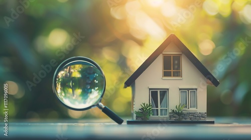 Home Inspection: Magnifying Glass and House Model in a Natural Setting