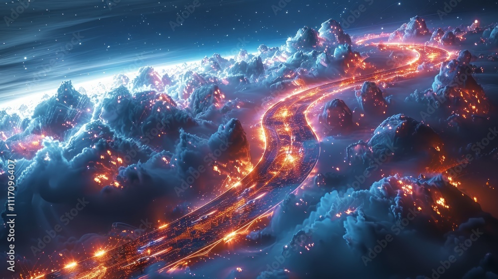 Glowing river flows through alien planet's icy mountains. Glowing river flows through alien planet's icy mountains.