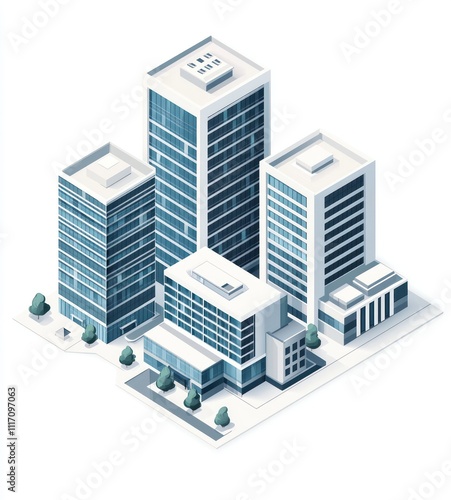 Flat vector illustration of modern office structures with sharp lines and high contrast.