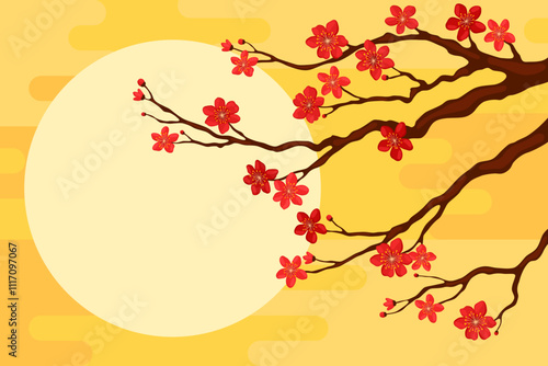 Branch with red sakura flowers on a yellow background, copyspace for your text. Postcard or banner template for Lunar New Year, Chinese New Year, Tet. Spring apricot, cherry or apple flowers.