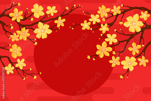 Branch with yellow apricot flowers on a red background, copyspace for your text. Card or banner template for Lunar New Year, Chinese New Year, Tet. Spring cherry or apple flowers.