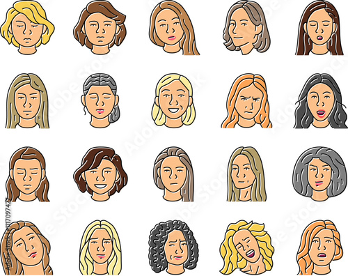 facial expression female smile icons set vector. pout smirk, glare wink, blush scowl, grin sneer, beam, grimace pout, sulk, glower facial expression female smile color line illustrations photo