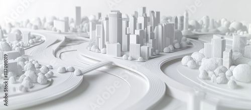 A futuristic city in 3D showing roads, rivers, and towering buildings on a white background.