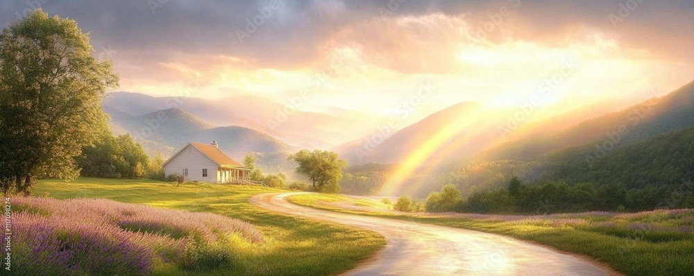 Serene Sunset over Lavender Fields and Country House. Serene Sunset over Lavender Fields and Country House.