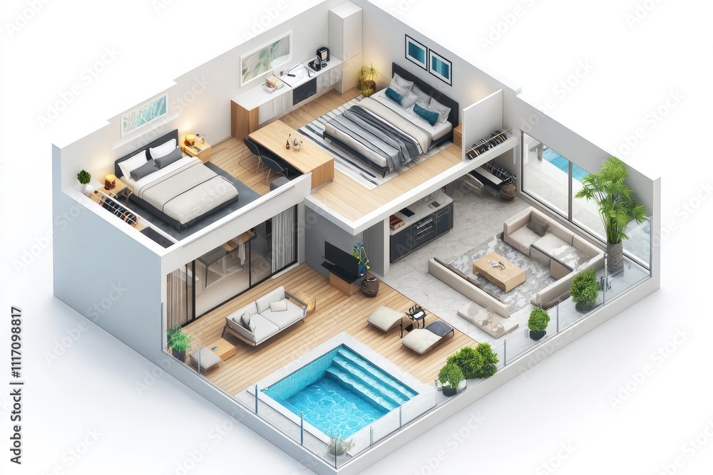 3D plan of a luxury apartment featuring a rooftop pool and open spaces. 3D plan of a luxury apartment featuring a rooftop pool and open spaces.
