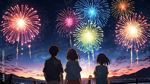 Cartoon anime style, teens smile happy new year Abstract colored fireworks background with beautiful fireworks lighting up the night sky. Bokeh 