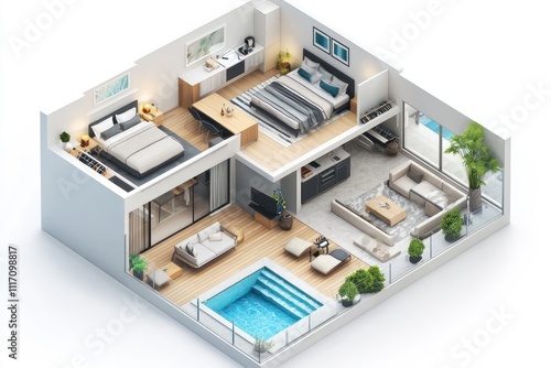 3D plan of a luxury apartment featuring a rooftop pool and open spaces.