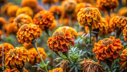 Close up of a bush of wilted marigolds during autumn , wilted, marigolds, autumn, dying, flowers, plants, garden, nature, close up photo